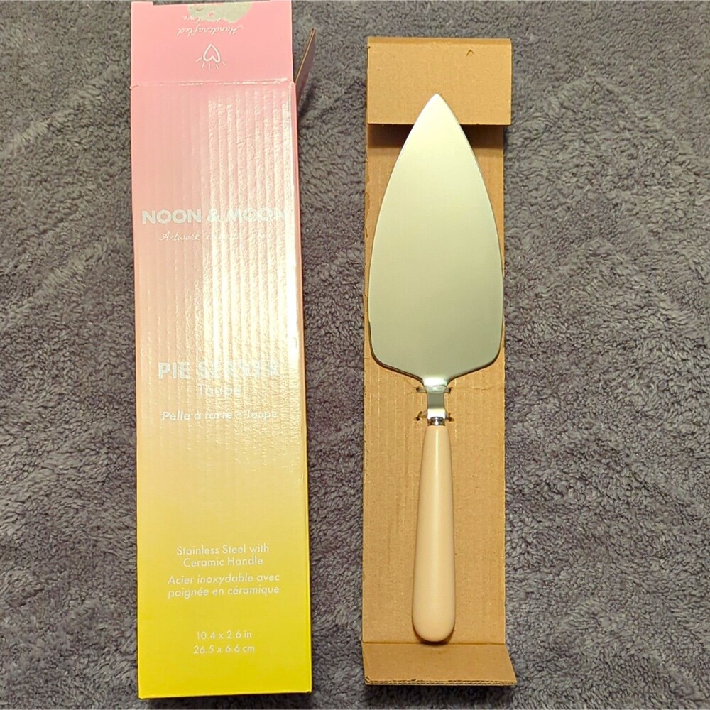 Noon & Moon Pie Server Taupe/Silver Stainless Steel w/ Ceramic Handle 10.4"